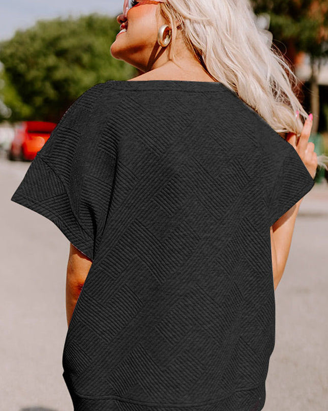 Black Textured Loose Fit T Shirt and Drawstring Pants Set
