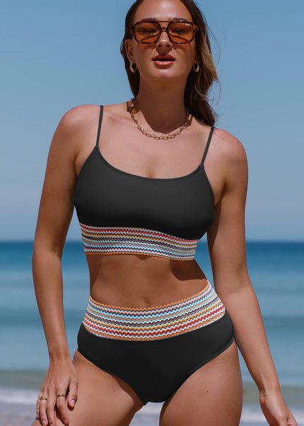 Peach Blossom Striped Patchwork Spaghetti Strap High Waist Bikini Swimsuit