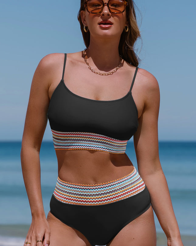 Peach Blossom Striped Patchwork Spaghetti Strap High Waist Bikini Swimsuit