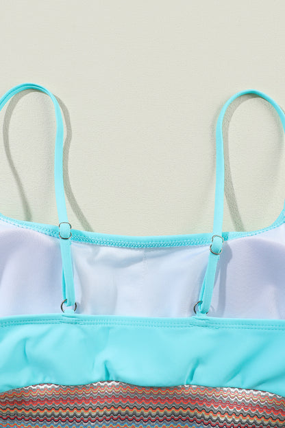 Peach Blossom Striped Patchwork Spaghetti Strap High Waist Bikini Swimsuit