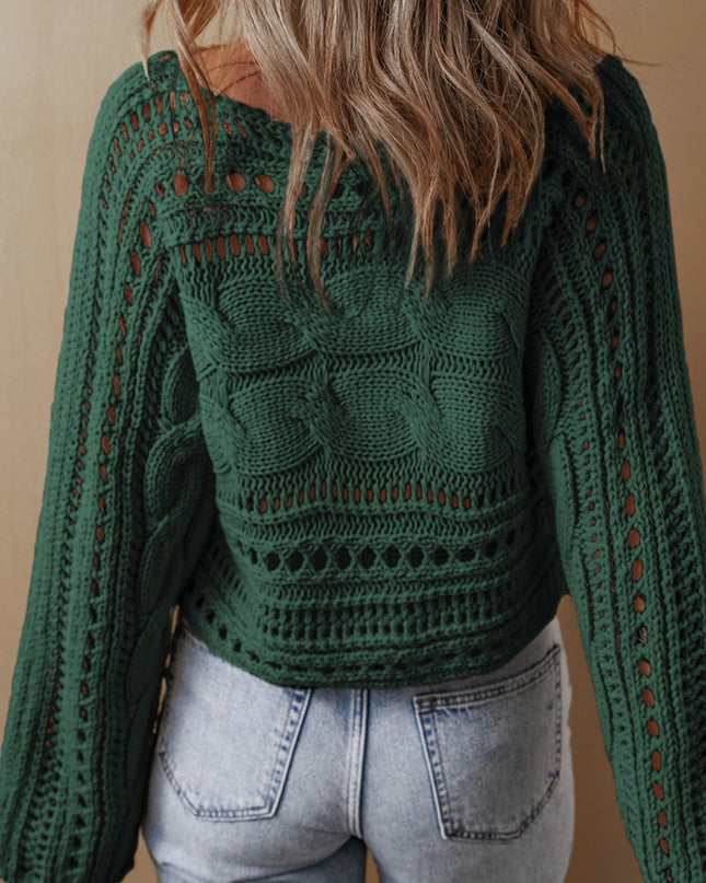 Smoke Gray Hollow-out Cable Knit Cropped Sweater