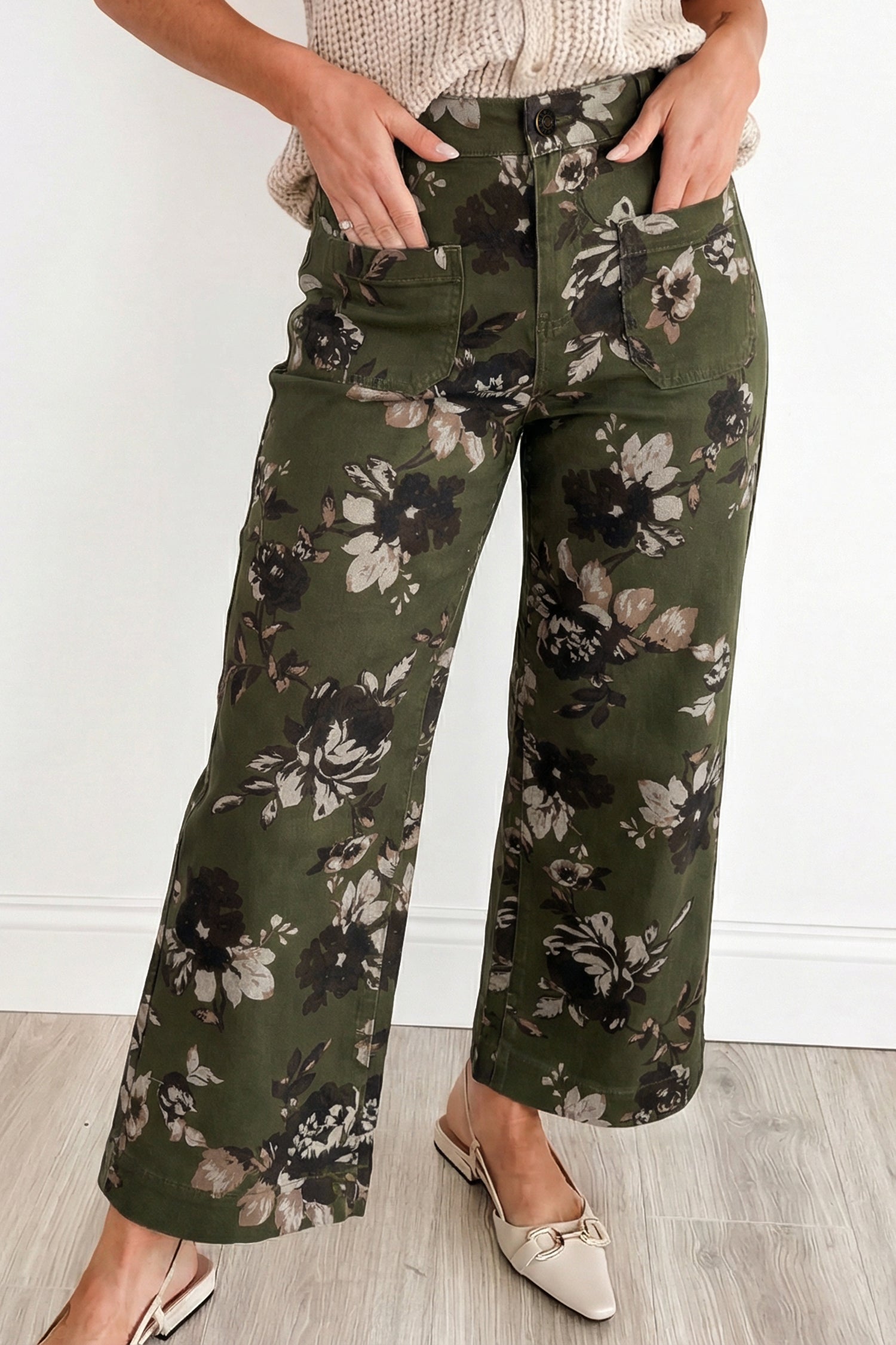 Green Vintage Floral Print Square Patch Pocket Raw Hem Shift Jeans