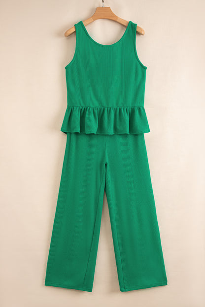 Beau Blue Solid Color Ribbed Ruffle Tank Top and Pants Set