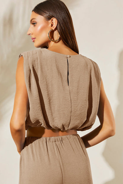 Pale Khaki Solid Color Keyhole Puffy Tank Drawstring Loose Pants 2pcs Set Outfit