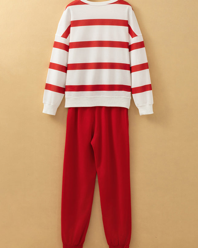 Brown Stripe Striped Drop Shoulder Pullover and Jogger Pants Set