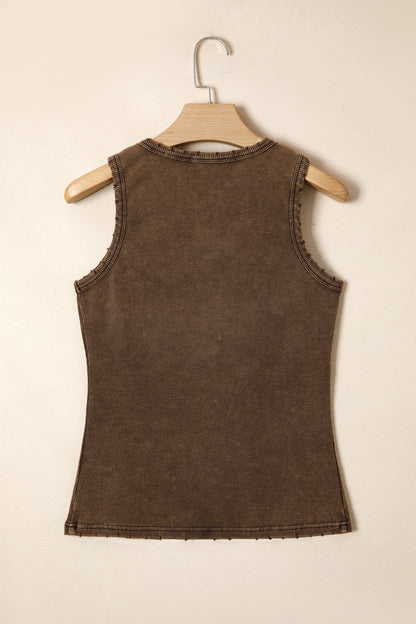 Coffee Vintage Distressed Ribbed Mineral Wash Tank Top