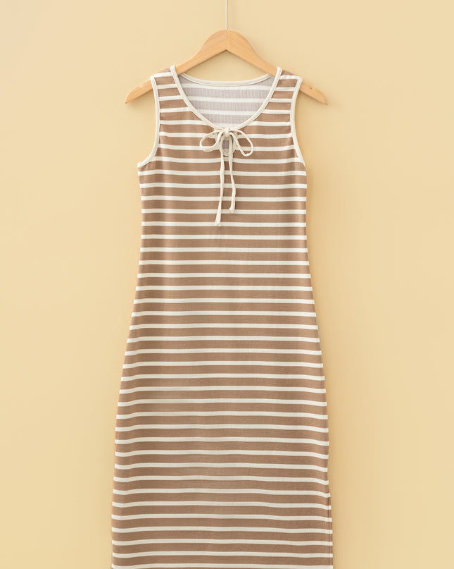 Sky Blue Stripe Tie V Neck Sleeveless Side Slit Midi Dress