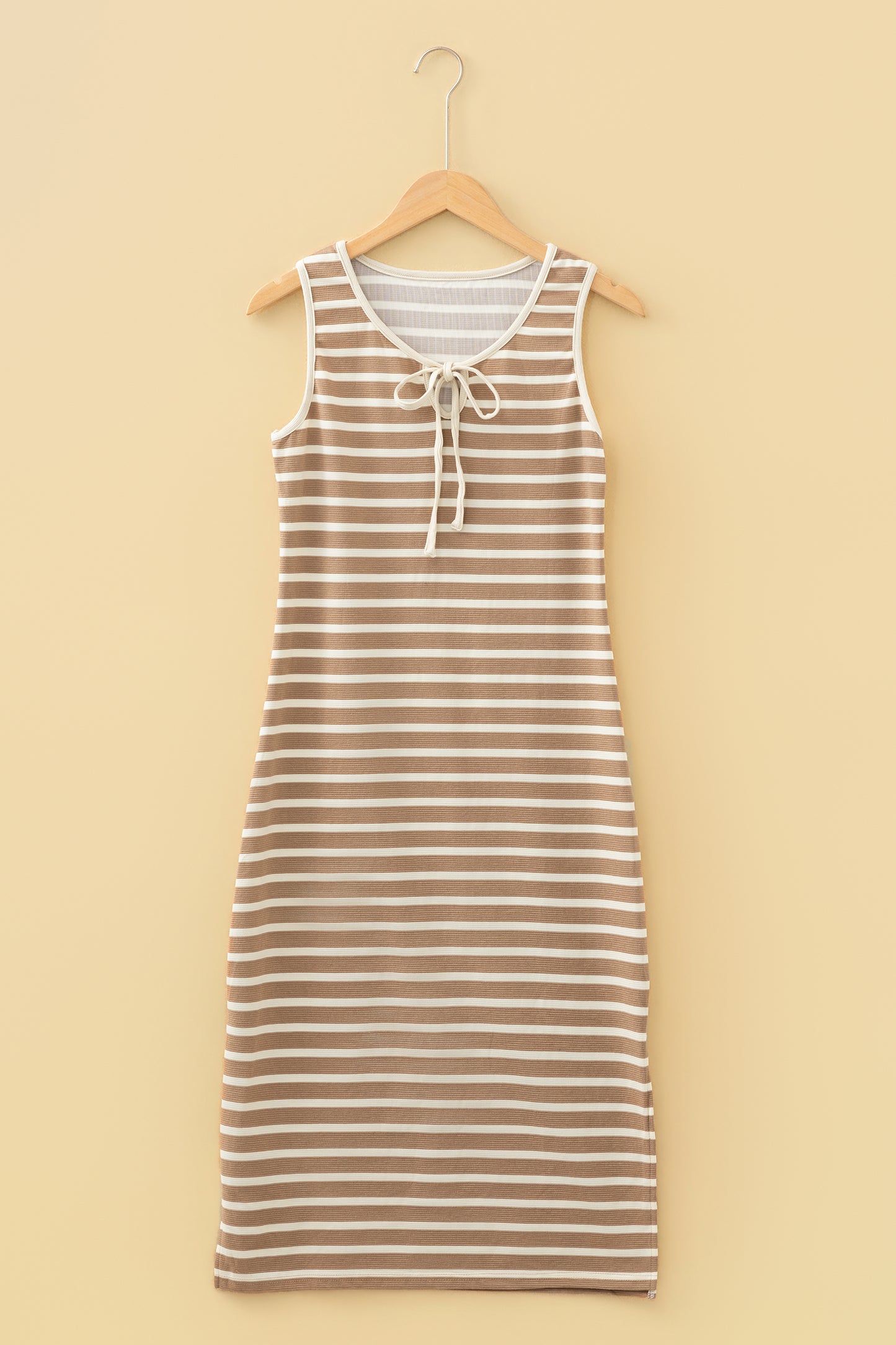 Sky Blue Stripe Tie V Neck Sleeveless Side Slit Midi Dress