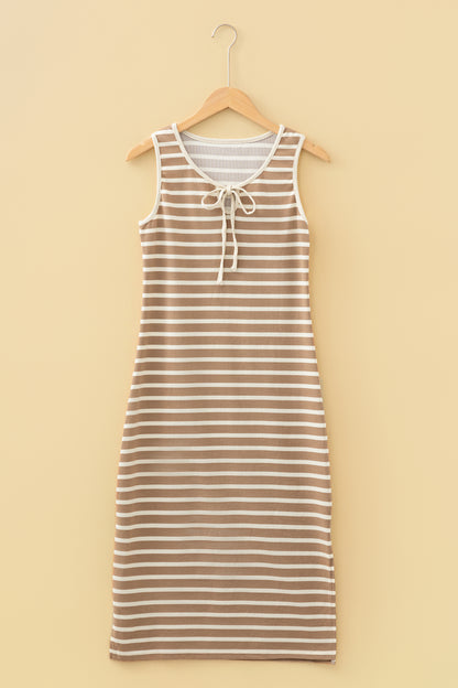 Sky Blue Stripe Tie V Neck Sleeveless Side Slit Midi Dress