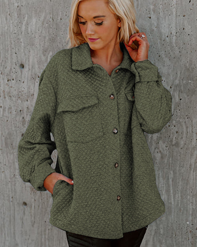 Black Retro Quilted Flap Pocket Button Shacket