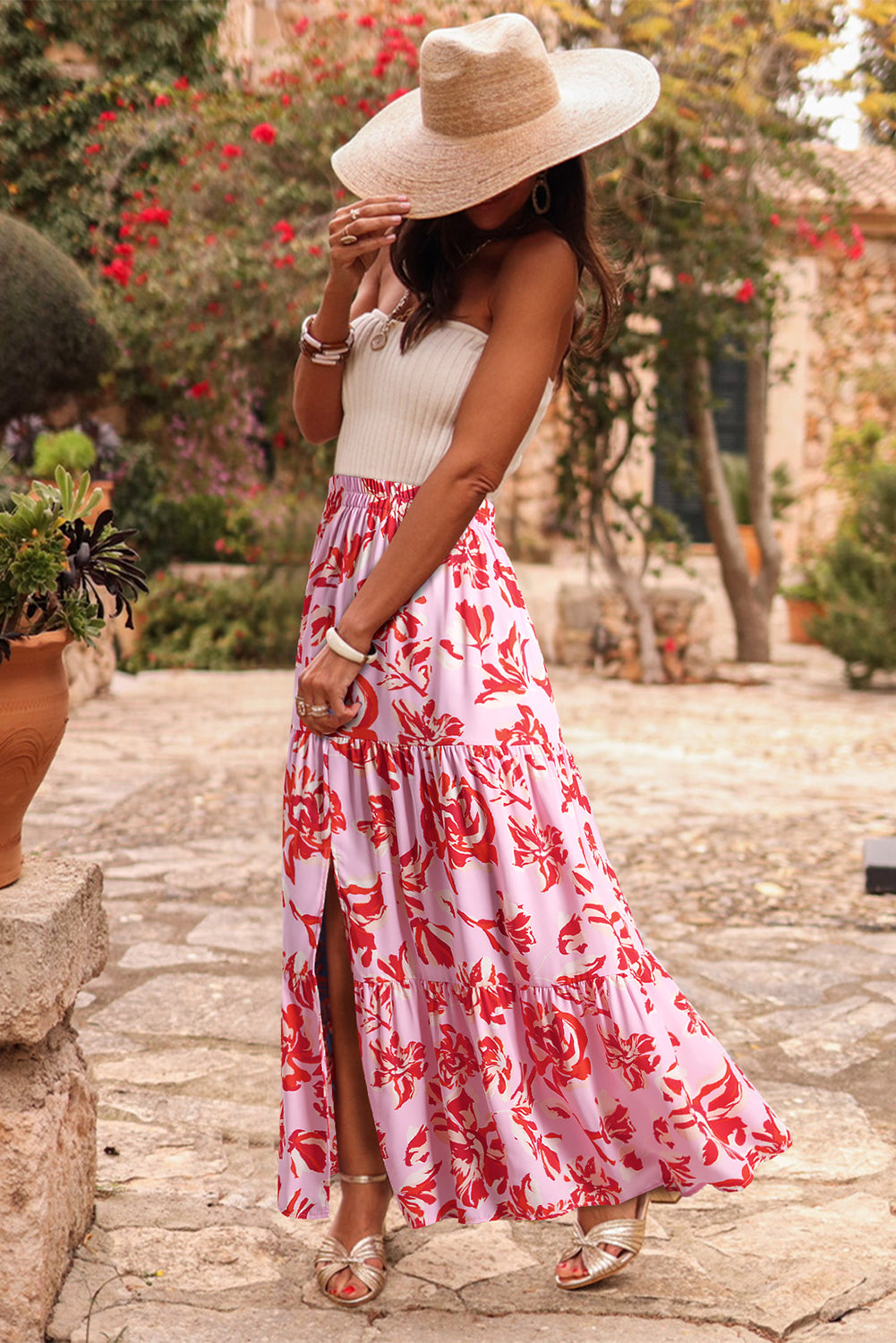 Pink Bohemian Floral Print Tiered Maxi Skirt with Split