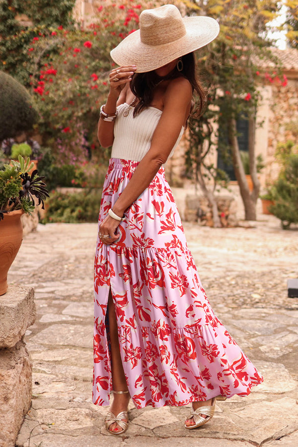 Pink Bohemian Floral Print Tiered Maxi Skirt with Split