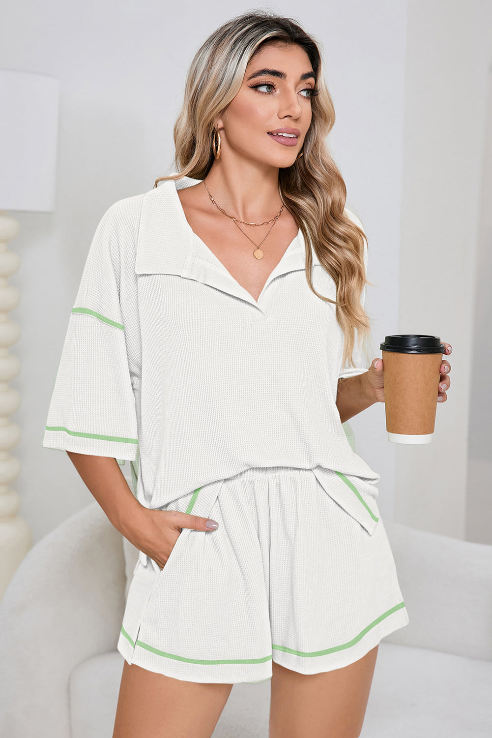 Pink Breathable Waffle Color Block Trim 2pcs Casual Short Set