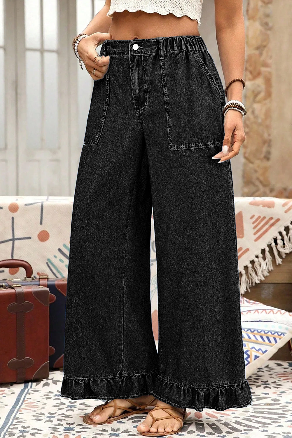 Sail Blue Plus Size Elastic Waist Ruffled Wide Leg Denim Pants