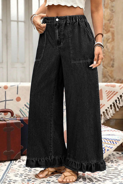 Sail Blue Plus Size Elastic Waist Ruffled Wide Leg Denim Pants