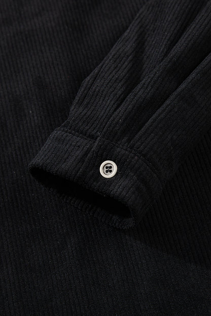 Beige Corduroy Shirt Style Full Button Long Sleeve Shift Mini Dress