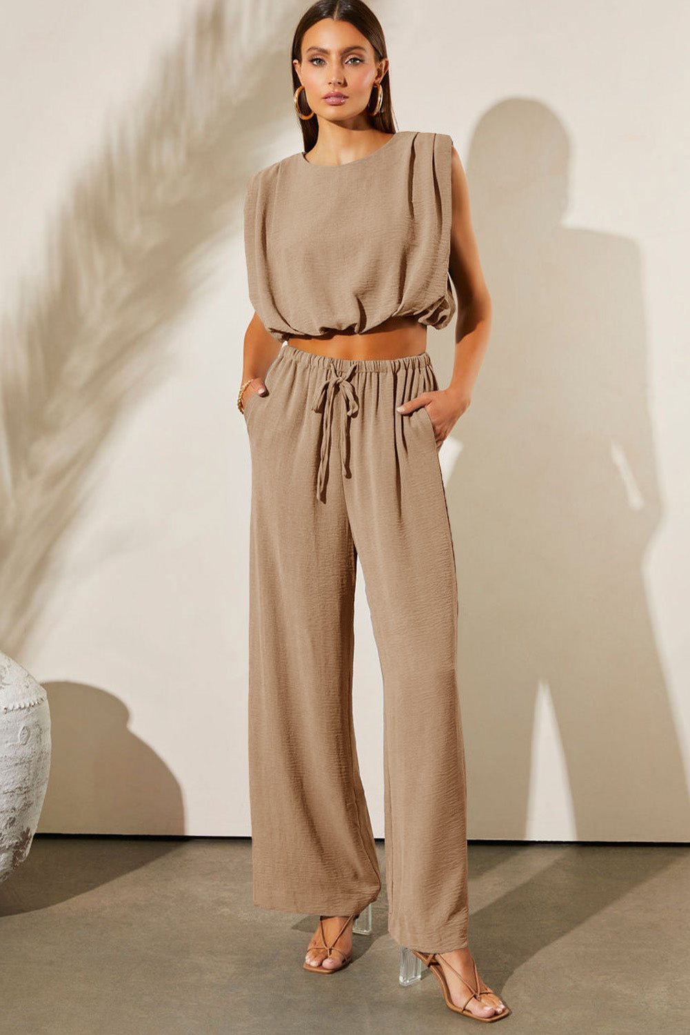 Pale Khaki Solid Color Keyhole Puffy Tank Drawstring Loose Pants 2pcs Set Outfit