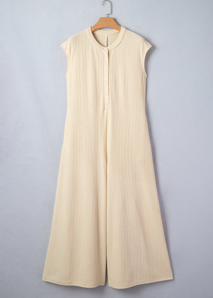 Jet Stream Half Buttons Ribbed Knit Wide Leg Jumpsuit
