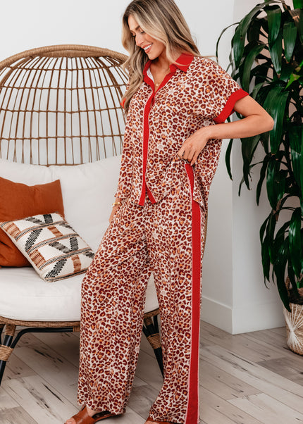 Brown Contrast Trim Leopard Top and Pant Set