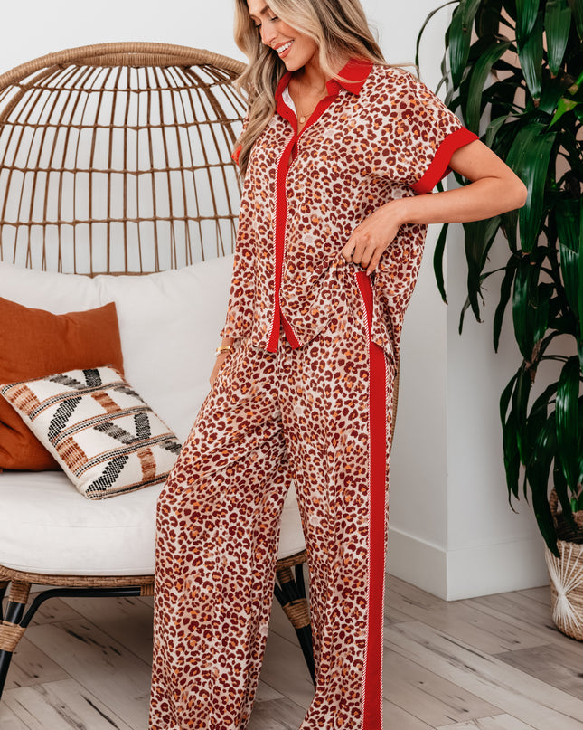 Brown Contrast Trim Leopard Top and Pant Set