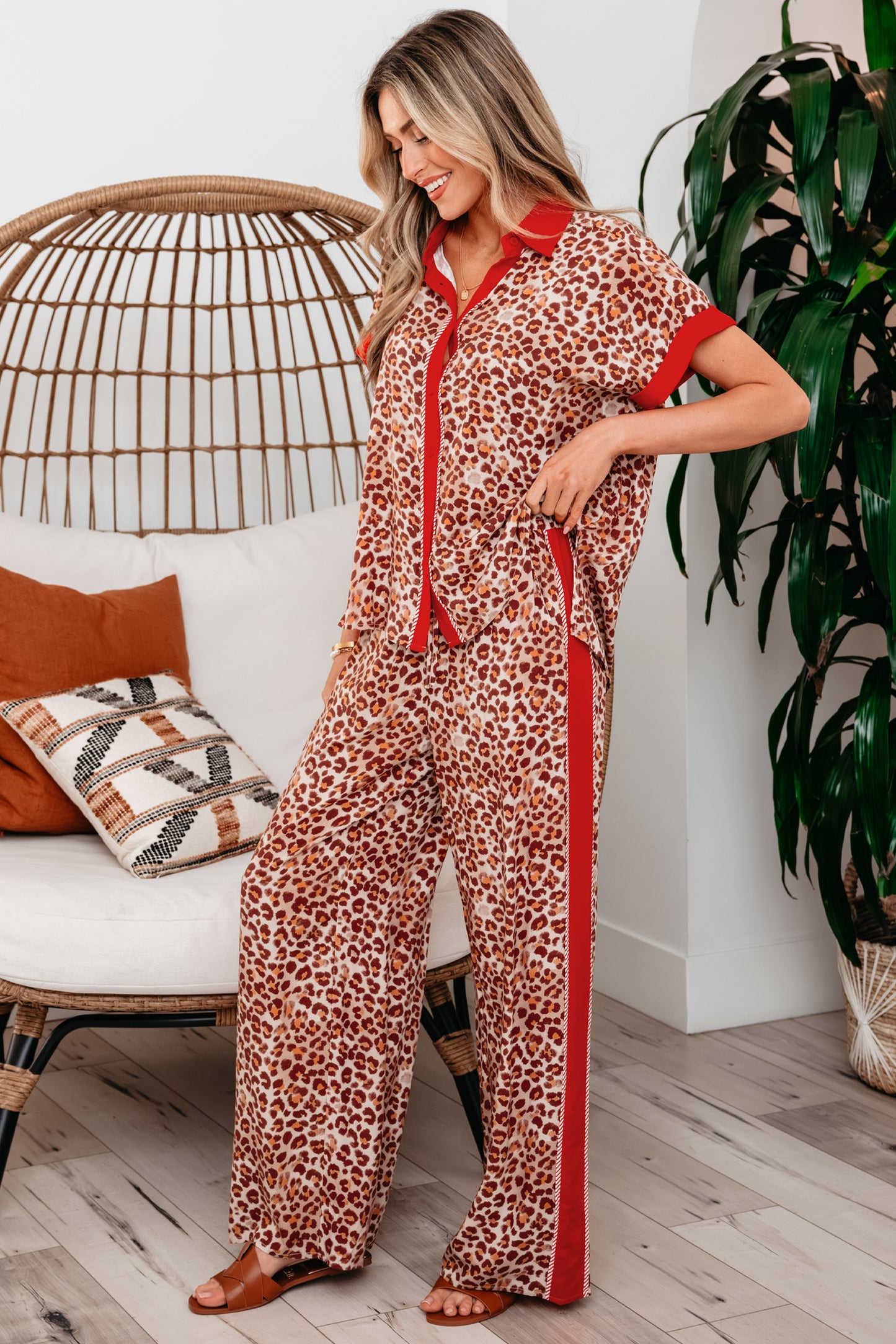 Brown Contrast Trim Leopard Top and Pant Set