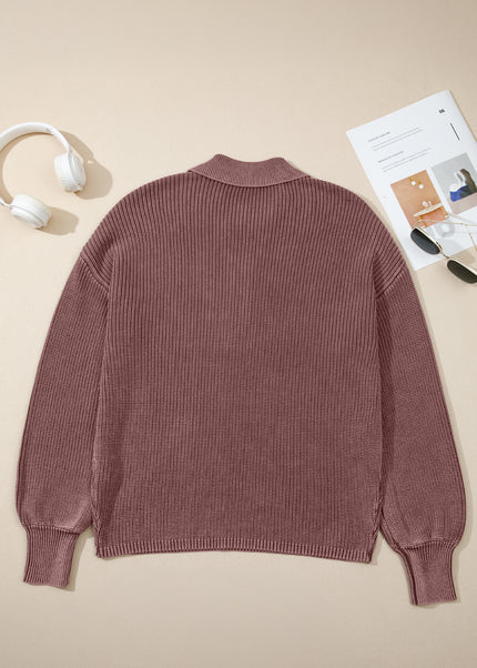 Dark Brown Washed Knit Button Polo Collar Loose Sweater
