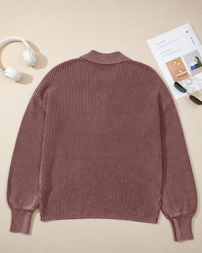 Dark Brown Washed Knit Button Polo Collar Loose Sweater