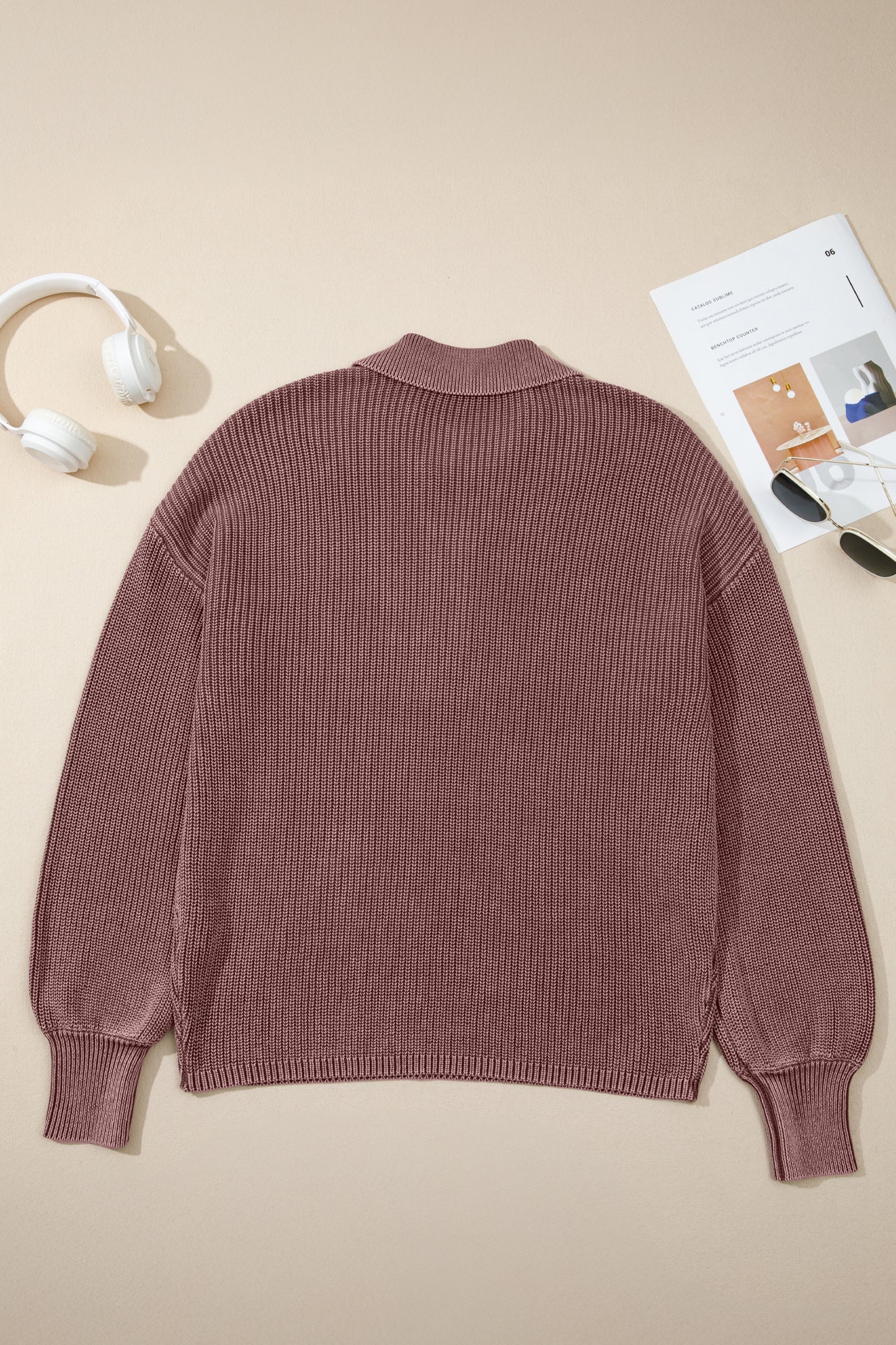 Dark Brown Mineral Washed Knit Button Polo Collar Loose Sweater