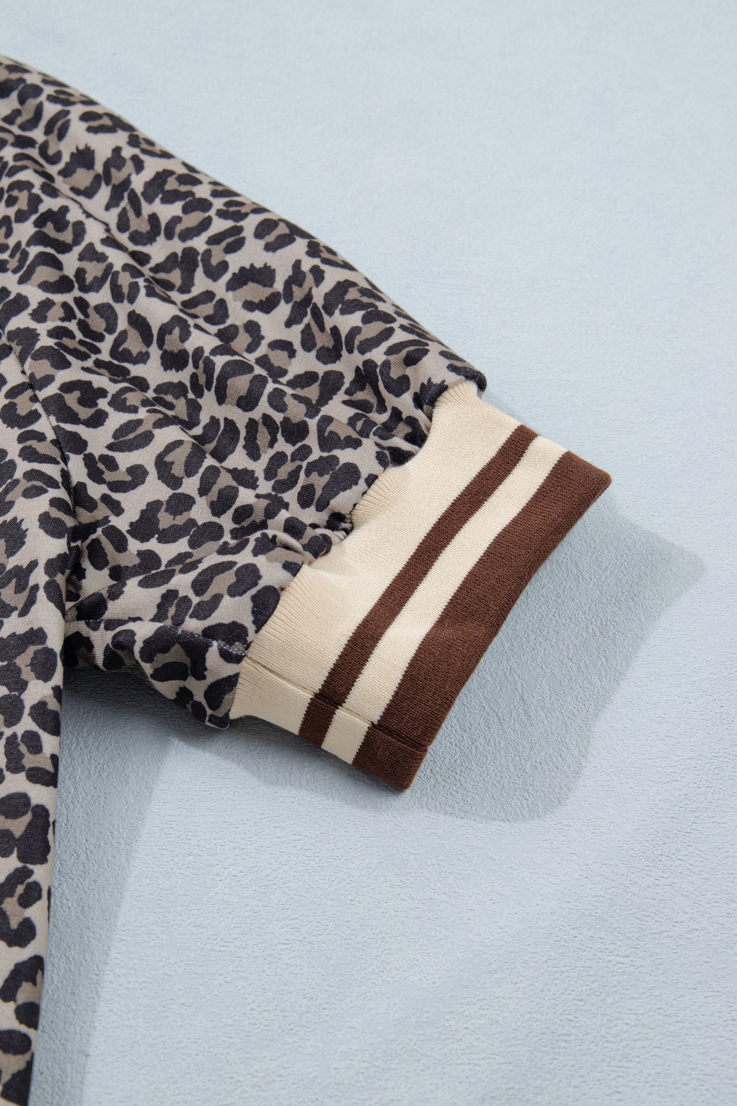 Khaki Leopard Print Half Zip Striped Trim Patchwork Short Sleeve Top