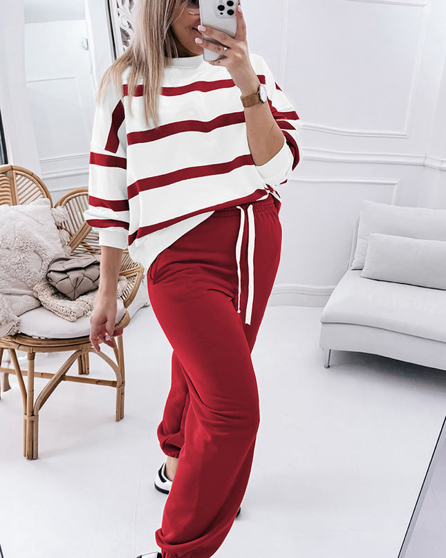 Brown Stripe Striped Drop Shoulder Pullover and Jogger Pants Set
