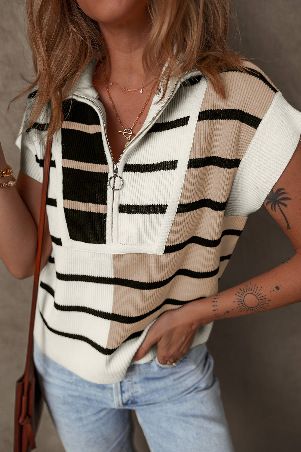 Black Stripe Colorblock Quarter Zip Collar Sweater Vest