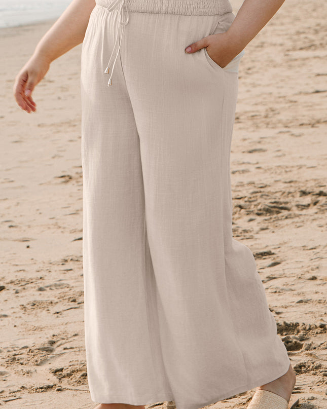 Beige Smocked High Waist Wide Leg Plus Size Pants
