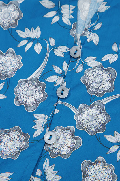 Blue Floral Print Button Tie Neck Striped Detail Short Sleeve Blouse