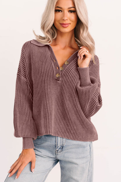 Dark Brown Mineral Washed Knit Button Polo Collar Loose Sweater