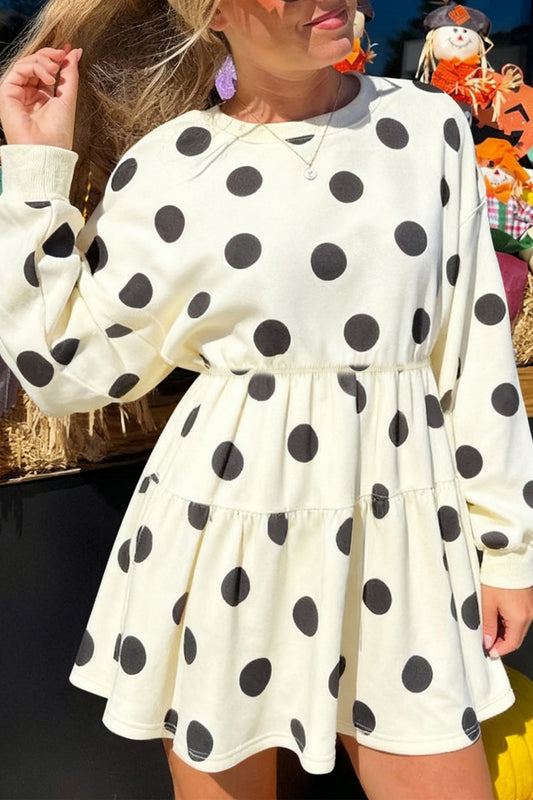 White Polka Dot Printed Long Sleeve Flared Mini Dress