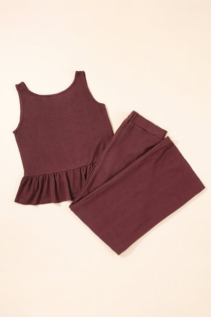 Beau Blue Solid Color Ribbed Ruffle Tank Top and Pants Set