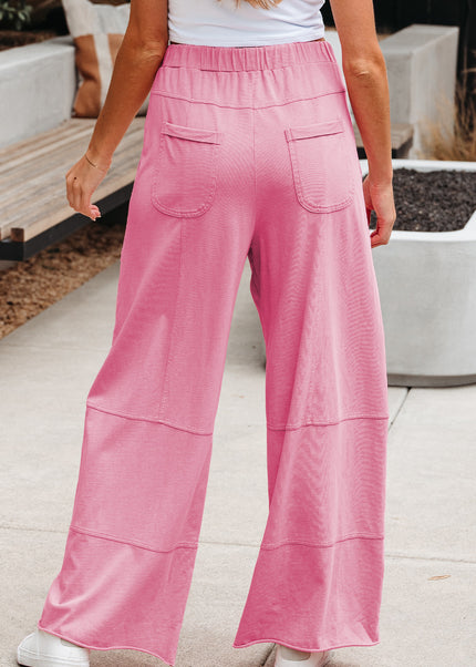 Bonbon Exposed Seam Drawstring Elastic Waistband Wide Leg Cargo Pants