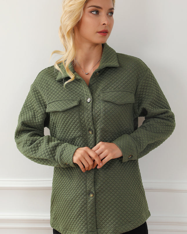 Black Retro Quilted Flap Pocket Button Shacket