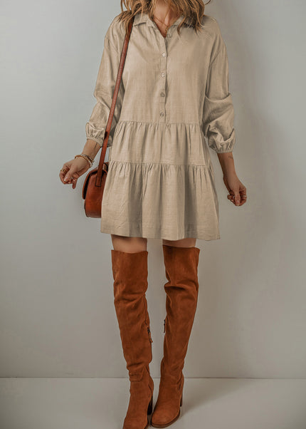Tan Puff Sleeve Buttoned Tiered Pleated Shirt Mini Dress