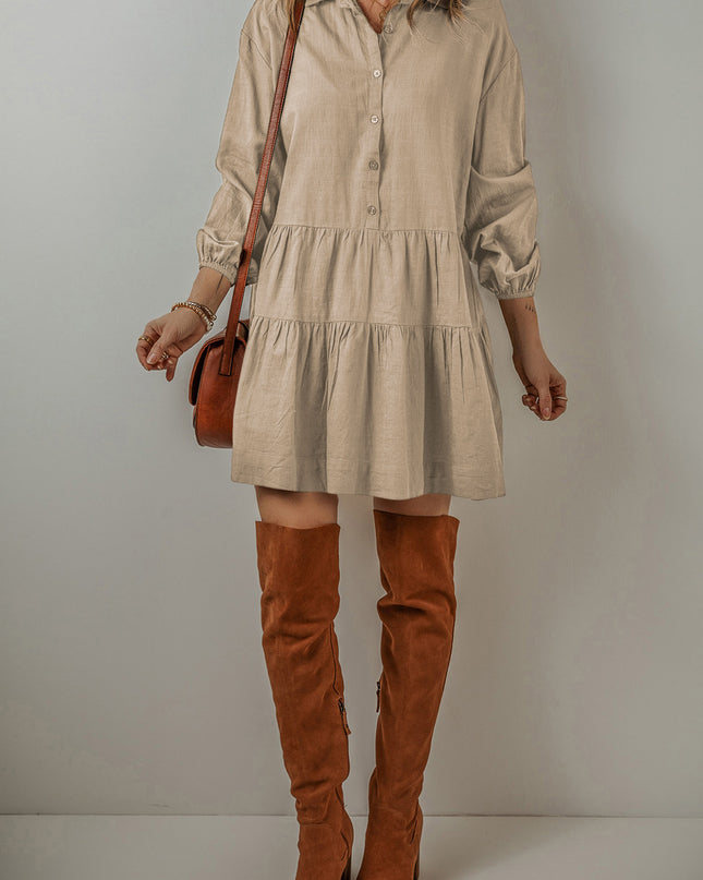 Tan Puff Sleeve Buttoned Tiered Pleated Shirt Mini Dress