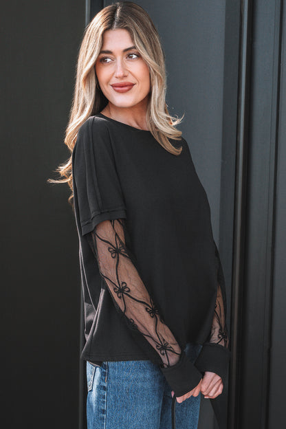 Light Pink Solid Color Bow Textured Patchwork Long Sleeve Tee