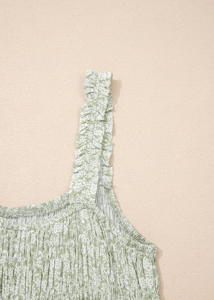 Green Smocked Bodice Square Neck Sleeveless Floral Jumpsuit