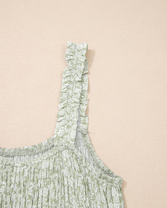 Green Smocked Bodice Square Neck Sleeveless Floral Jumpsuit