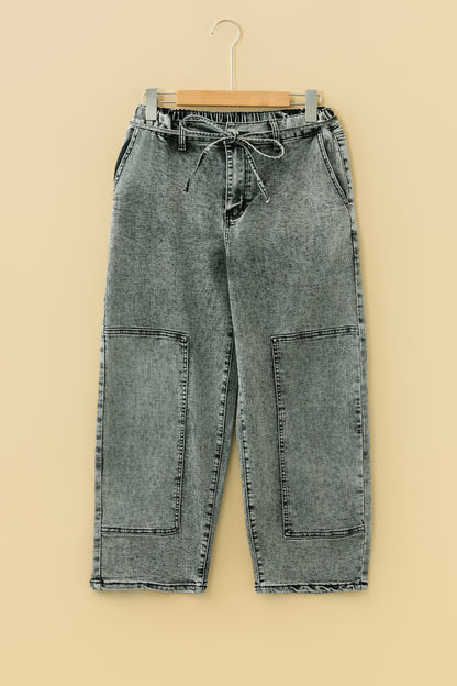 Smoke Gray Acid Wash Barrel Fit Denim Pants with Waist String