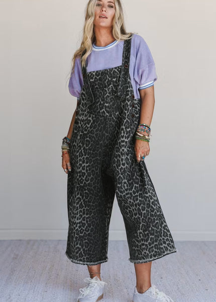 Gray Leopard Print Button Adjustable Straps Cropped Loose Denim Overalls