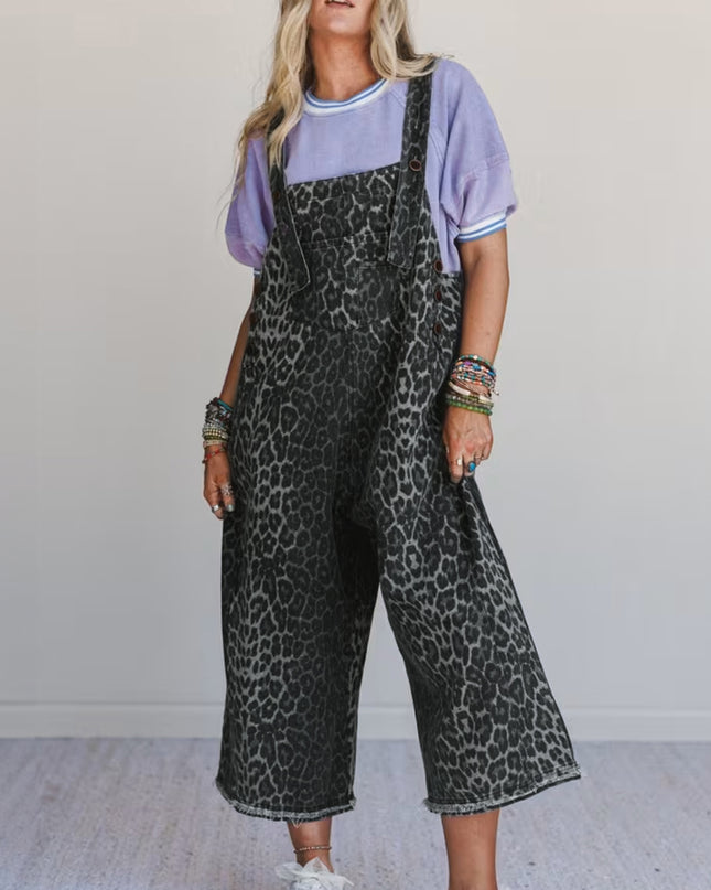 Gray Leopard Print Button Adjustable Straps Cropped Loose Denim Overalls