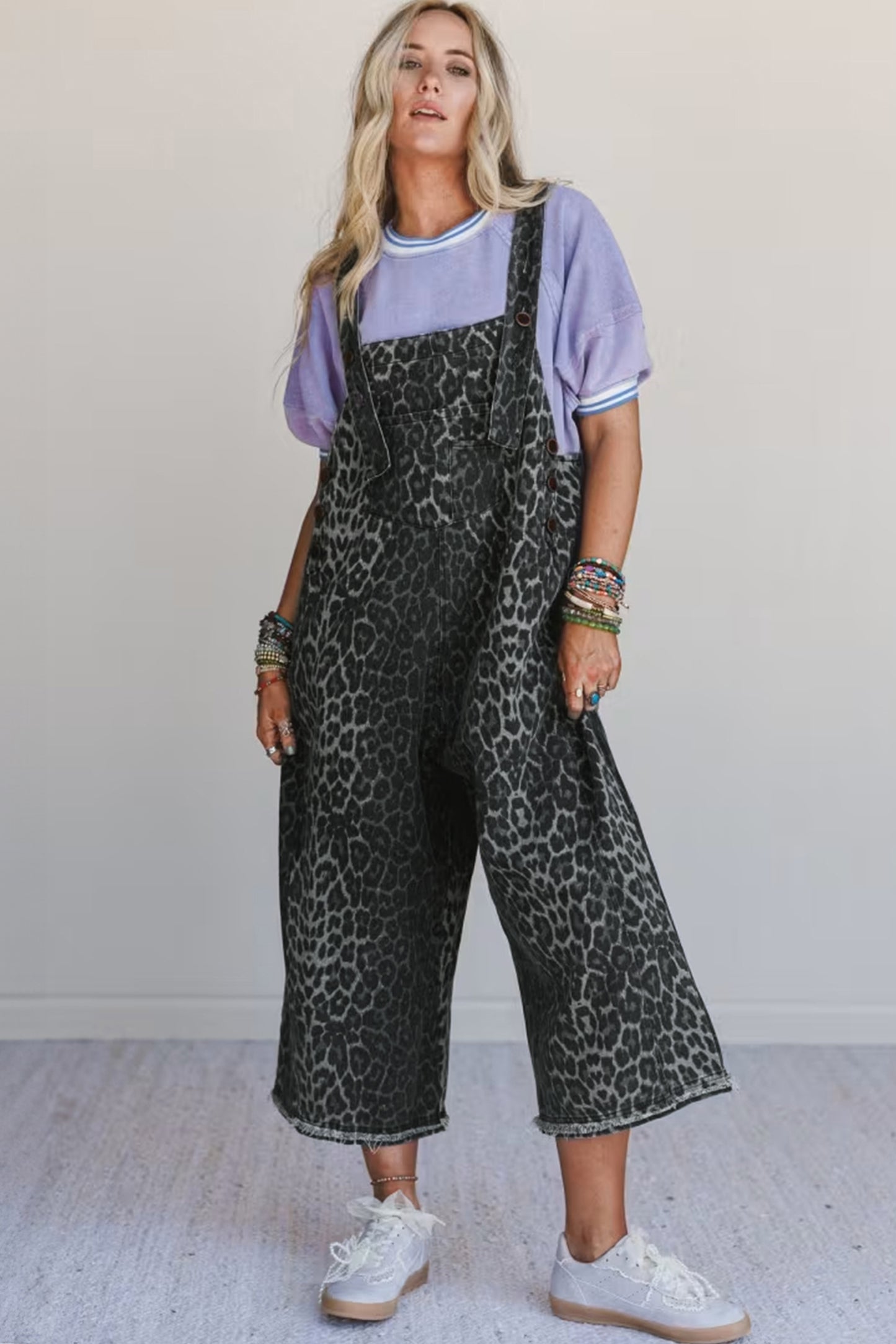 Gray Leopard Print Button Adjustable Straps Cropped Loose Denim Overalls