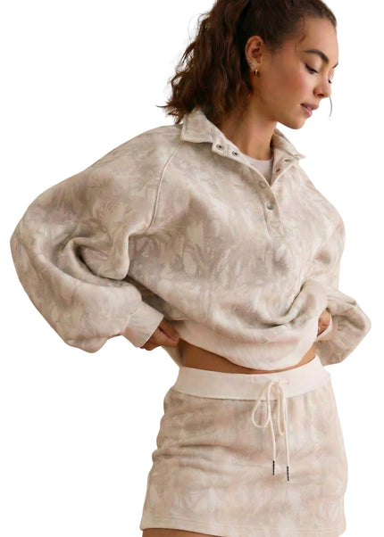 White Abstract Woodland Print Balloon Sleeve Pullover Drawstring Mini Skort Set