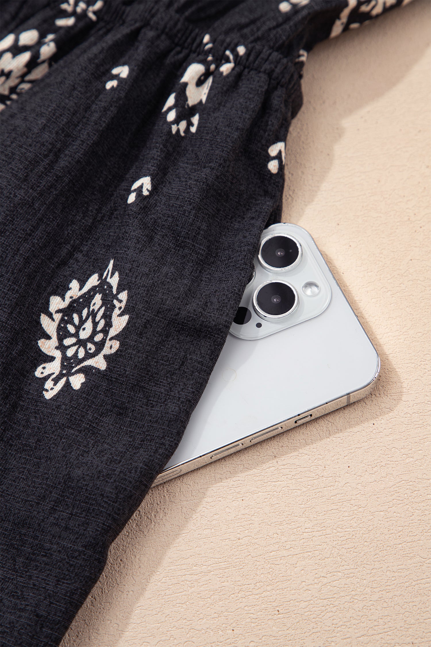 Black Spaghetti Straps Elastic Waist Loose Ethnic Print Jumpsuit