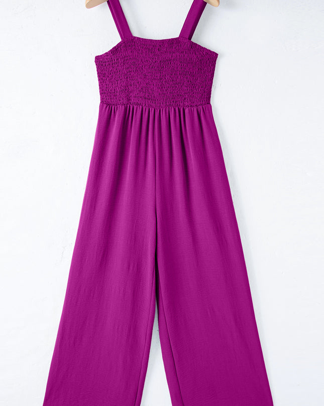 Purple Orchid Smocked Square Neck Sleeveless Jumpsuit with Pockets